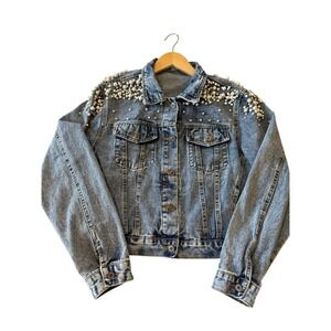 Pearl & Rhinestone Embellished Denim Jacket | Light Wash Cropped Boho Glam